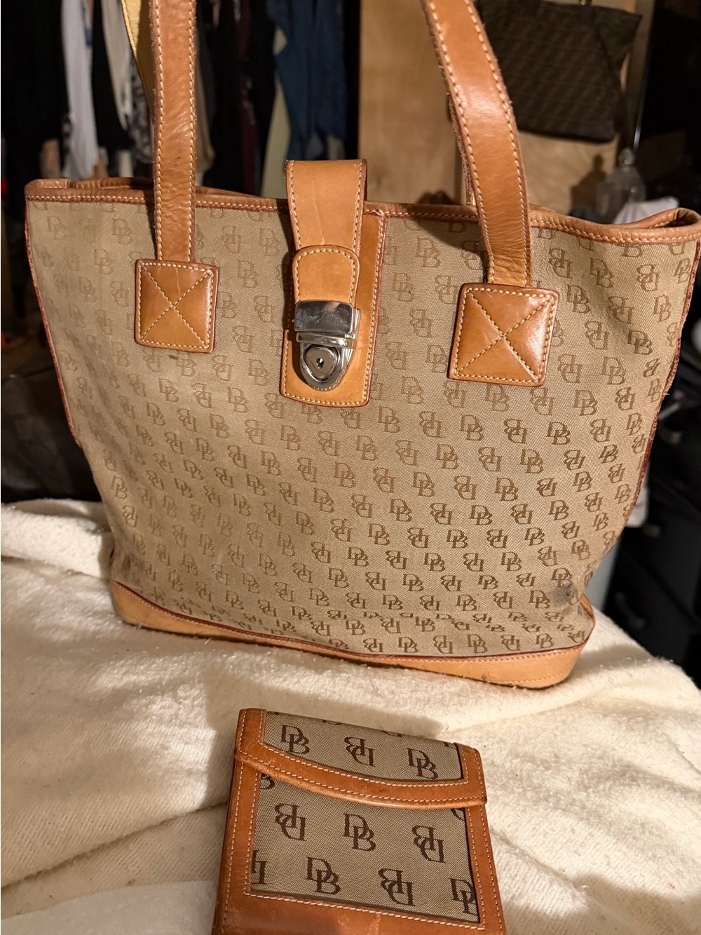 DB Preppy Monogram Canvas Tote with Tan Leather Trim with matching wallet